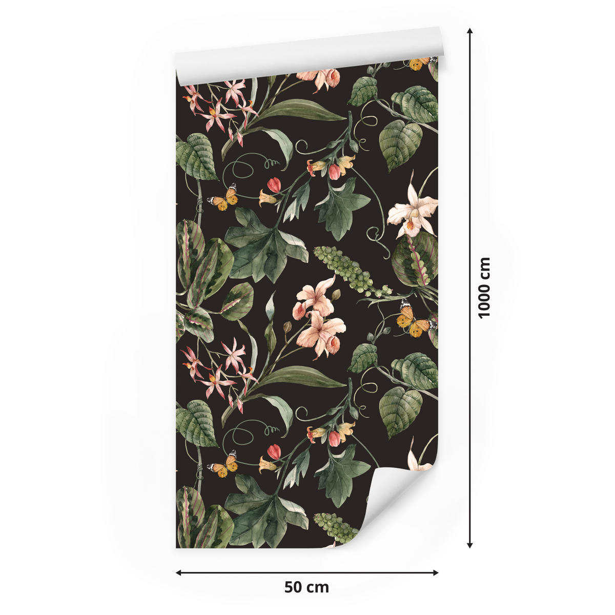 VLIESTAPETE Exotische Blüten und Pflanzen – Rosa, Grün, Schwarz – 50x1000 cm - Schwarz/Rosa, Papier (50/1000cm) - Muralo