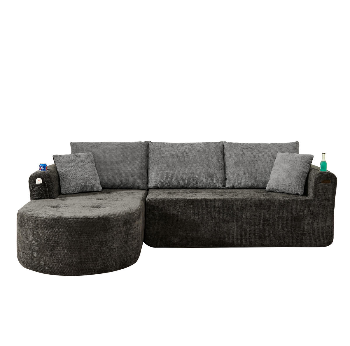 ECKSOFA L-Form Schwarz mit Becherhalter und Seitentaschen - Schwarz, Textil (170/255cm) - Meubliv