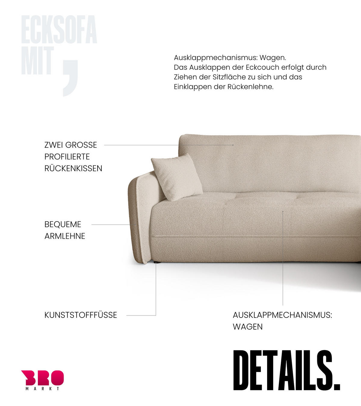 ECKSOFA CLAUDIO mit Schlaffunktion Ecru - Ecru, Textil (263/150cm) - Bromarkt