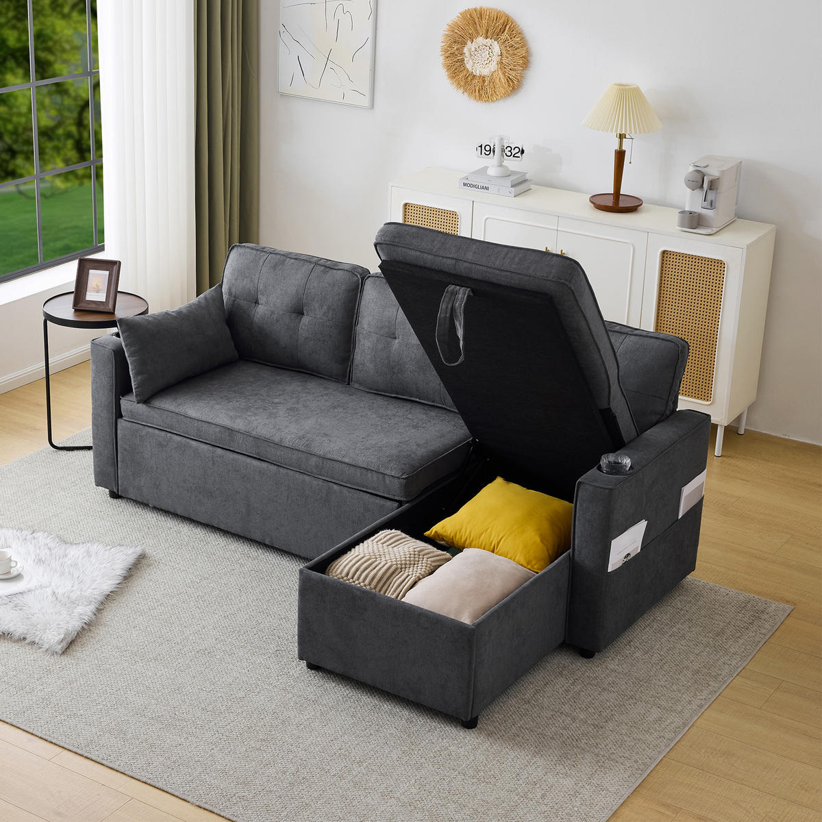 SCHLAFSOFA L-Form mit Stauraum und Getränkehalter - Grau, Textil (211/86/129.5cm)