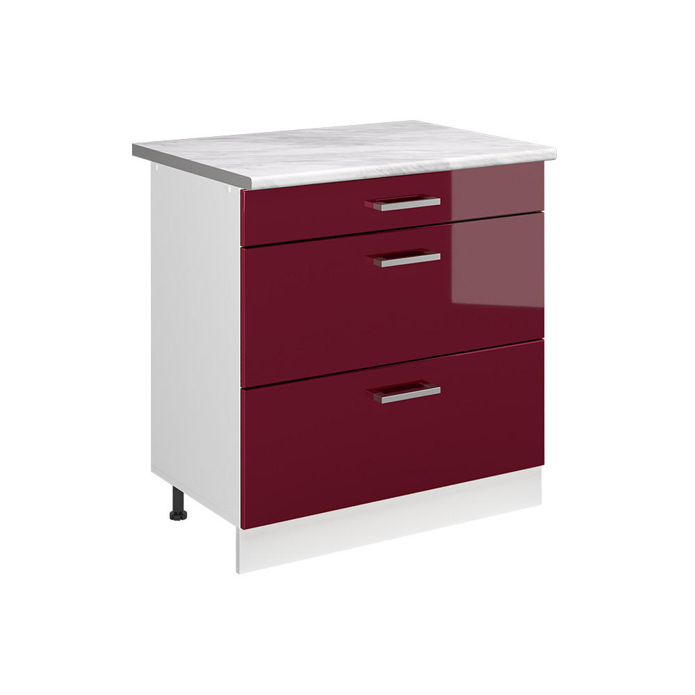 KÜCHENUNTERSCHRANK R-Line, Rot Hochglanz/Weiß, 80 cm mit 3 Schubladen Arbeitsplatte Marmor - Rot/Weiß, Holzwerkstoff (80/81.6/60cm) - Vicco