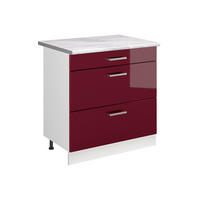 KÜCHENUNTERSCHRANK R-Line, Rot Hochglanz/Weiß, 80 cm mit 3 Schubladen Arbeitsplatte Marmor - Rot/Weiß, Holzwerkstoff (80/81.6/60cm) - Vicco