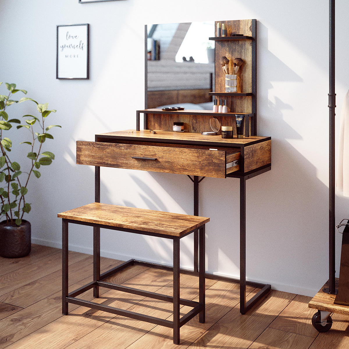 SCHMINKTISCH Fyrk Antikholz 80 cm mit Stuhl - Alteiche/Schwarz, Holzwerkstoff (80/135.5/40cm) - Vicco