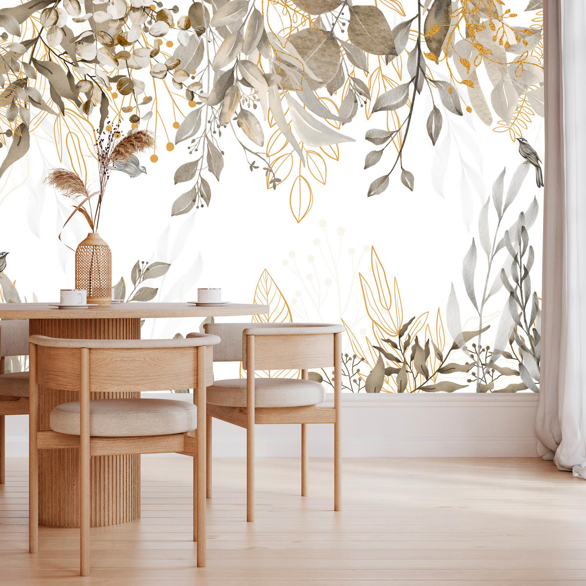 FOTOTAPETE für Esszimmer Zweige Natur Pflanzen Aquarellblätter 300x210 - Multicolor, Papier (300/210cm) - Muralo
