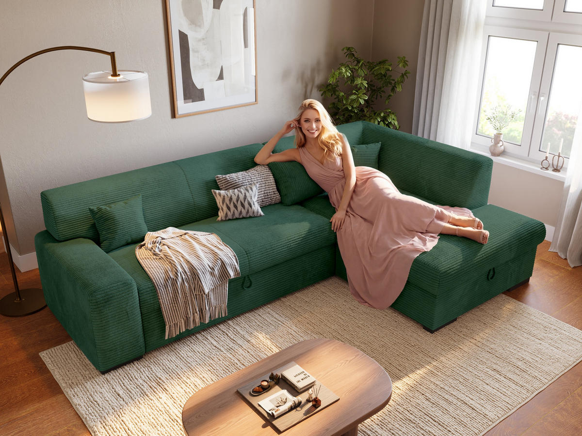 ECKSOFA mit Schlaffunktion Cordstoff MILENZO Dunkelgrün Rechts - Dunkelgrün, Holz (260/175cm) - Bromarkt