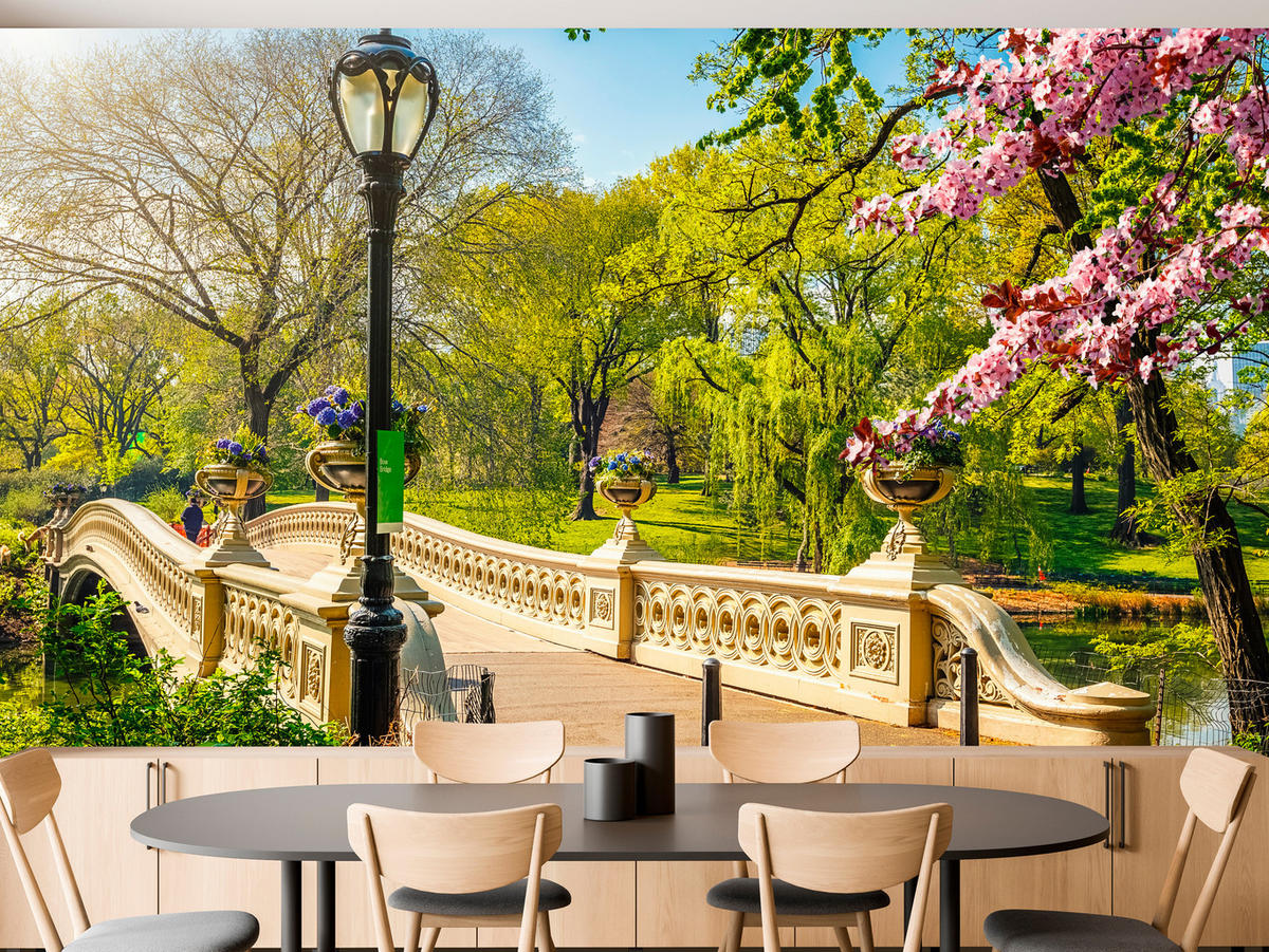 FOTOTAPETE für Wohnzimmer Historische Brücke Park Bäume Blumen 500x350 - Gelb/Beige, Papier (500/350cm) - Muralo