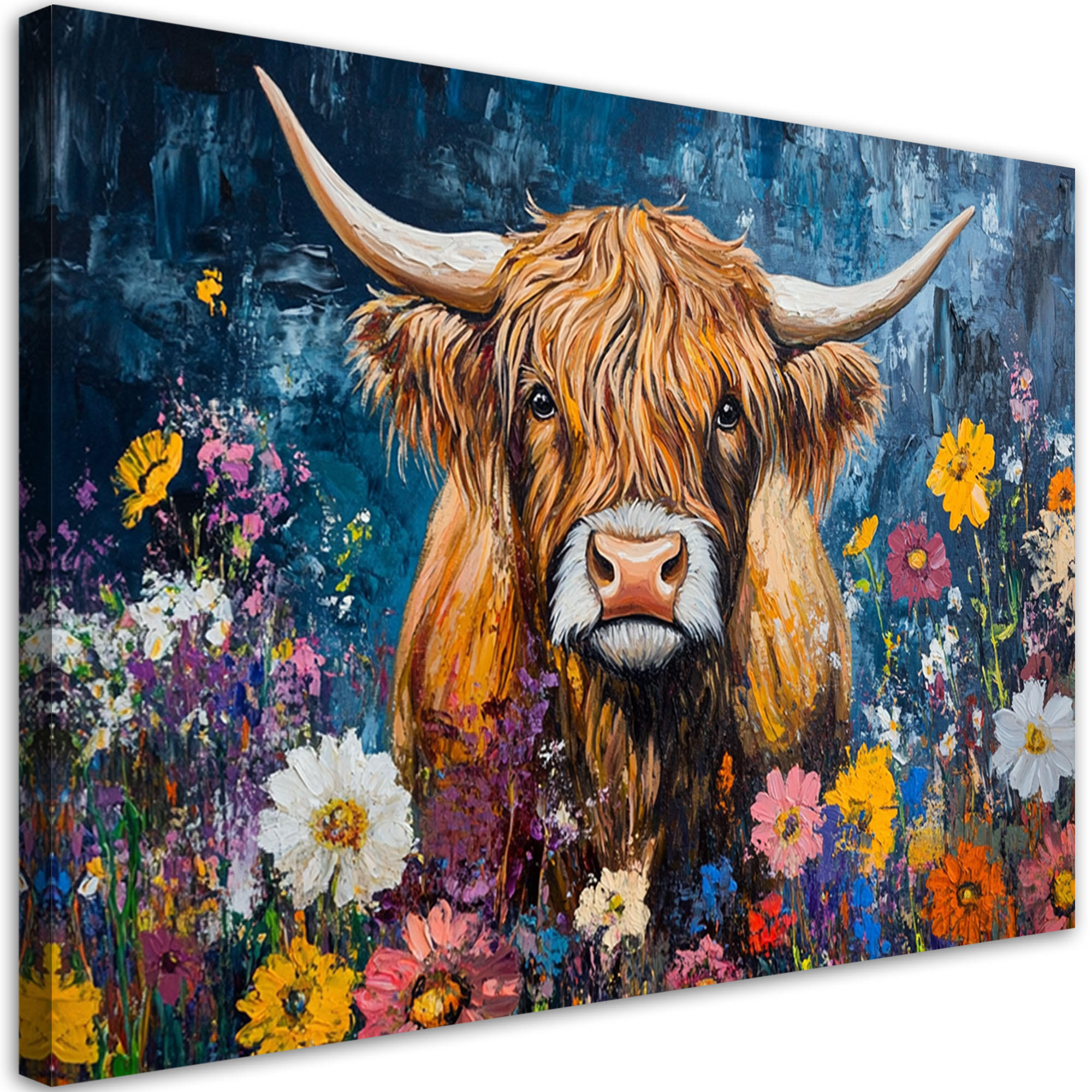 WANDBILD schottische hochlandkuh abstrakt blumen - Multicolor, Textil (60/40cm) - Feeby