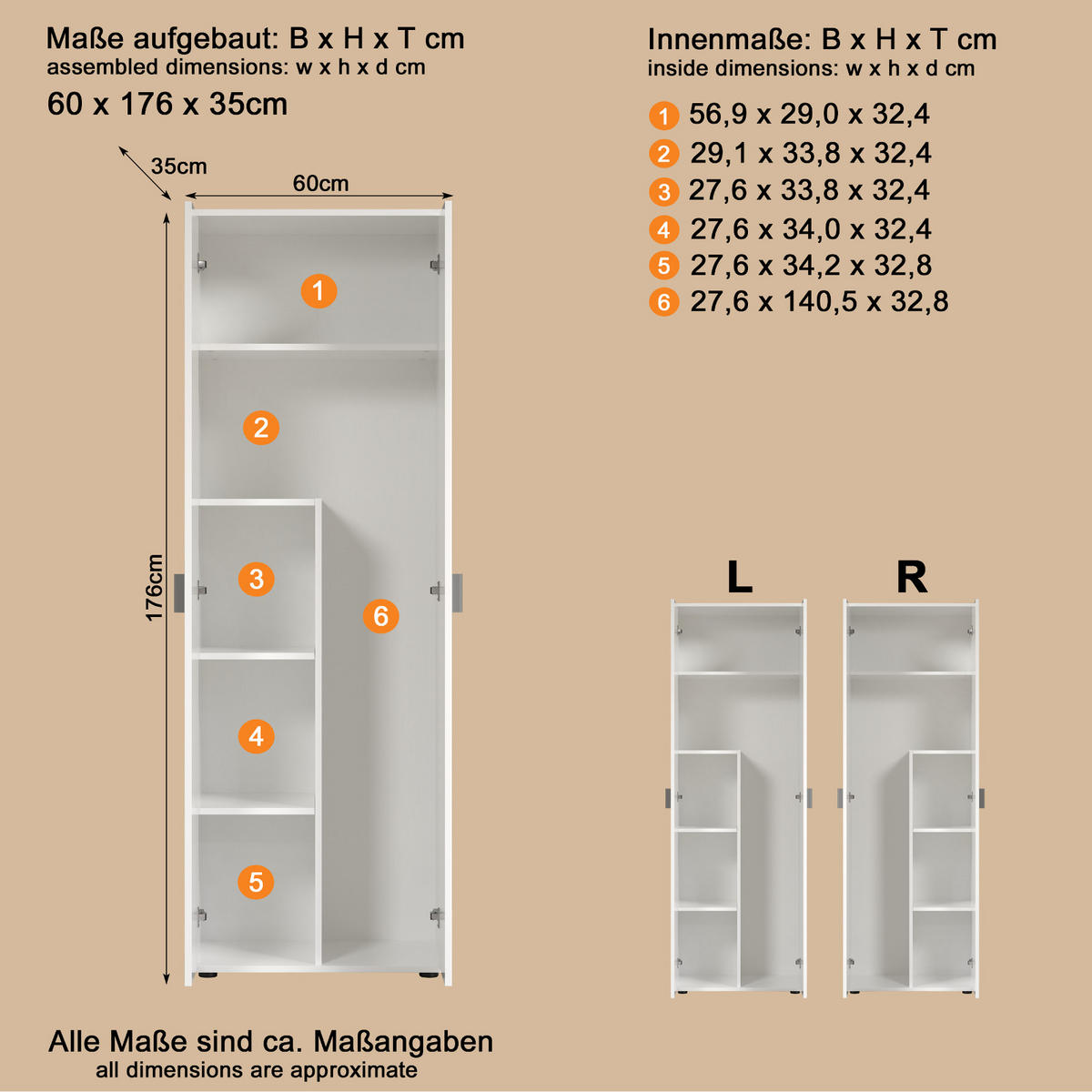 GARDEROBENSCHRANK weiß 60 x 176 cm, Mehrzweckschrank mit viel Stauraum - Silberfarben/Weiß, Holzwerkstoff/Kunststoff (60/176/35cm) - Top.Furn