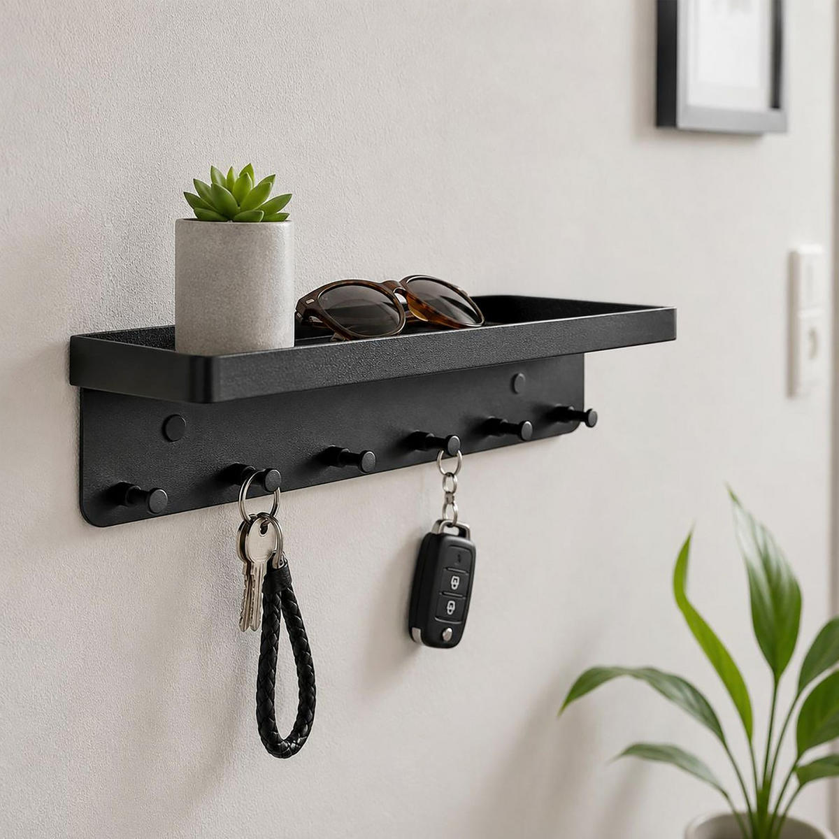 SCHLÜSSELBRETT mit Ablage Selbstklebend 24.5/6 cm - Schwarz, Kunststoff (6/4.7/24.5cm) - Intirilife