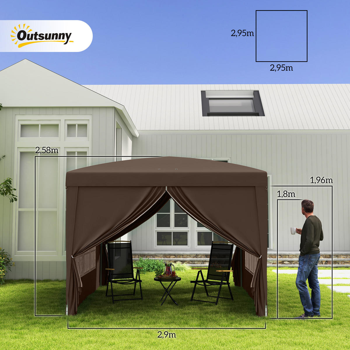 PAVILLON mit 4 Seitenwänden, Oxfordstoff, Stahl - Braun, Kunststoff (295/258/295cm) - Outsunny