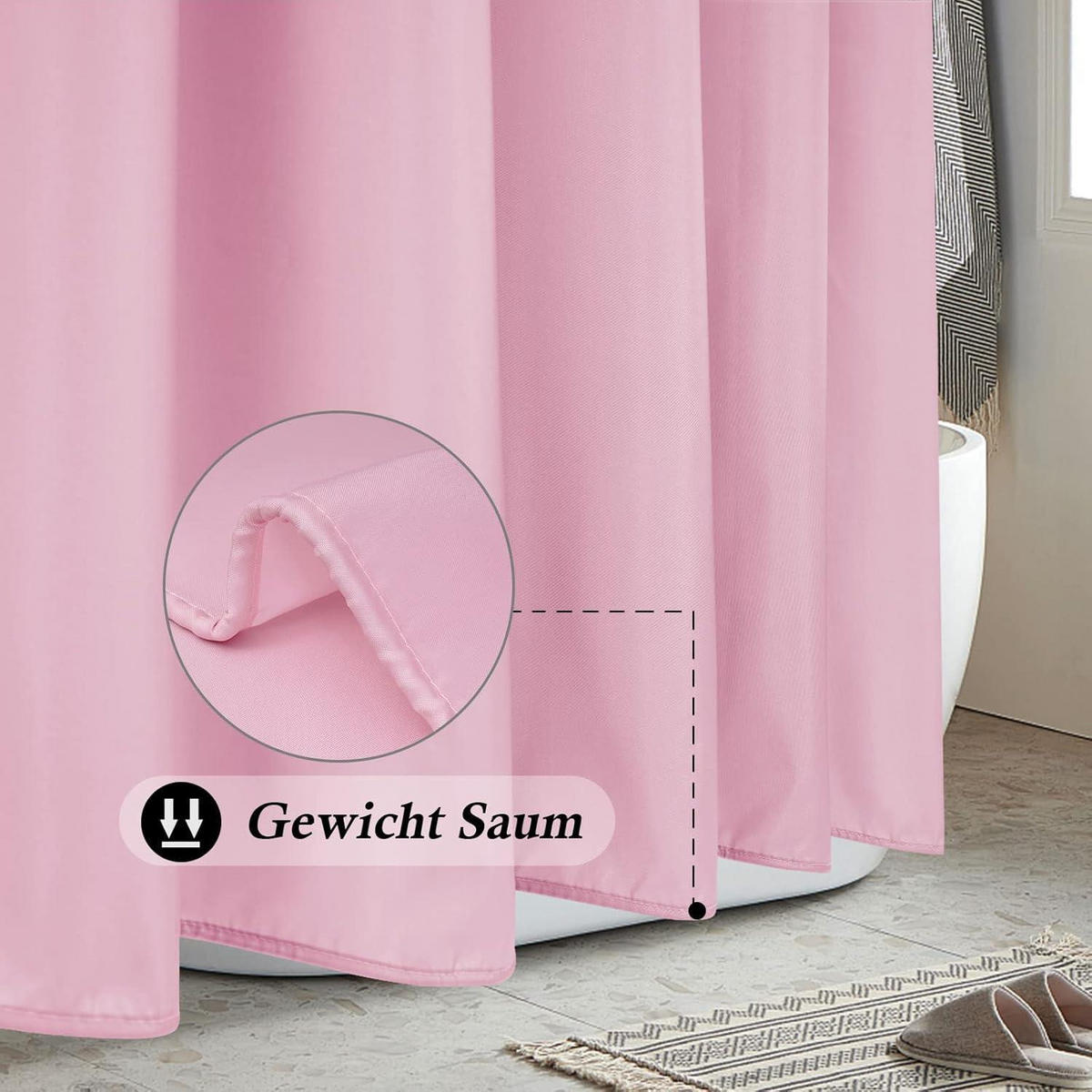DUSCHVORHANG Rose 180 x 200 cm Wasserdicht Anti-Schimmel Waschbar inkl. 12 Ringen - Rosa, Textil (180/200cm)