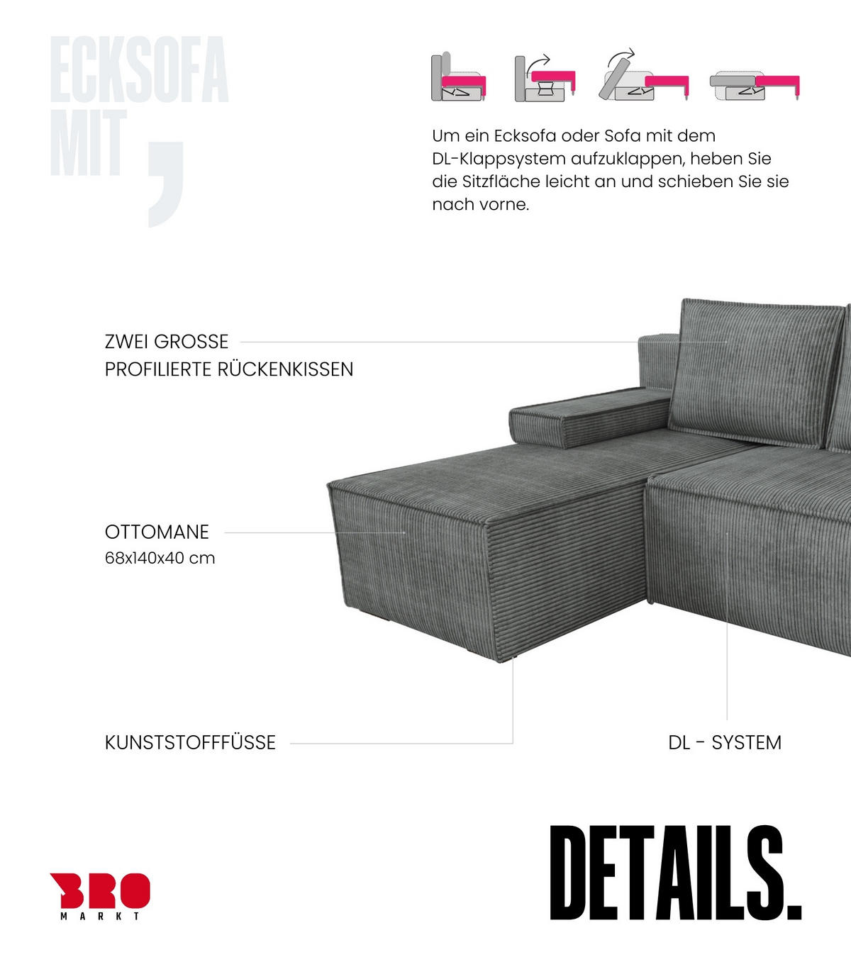 ECKSOFA Caspar mit Schlaffunktion Grau Cord - Grau, Textil (200/141cm) - Bromarkt