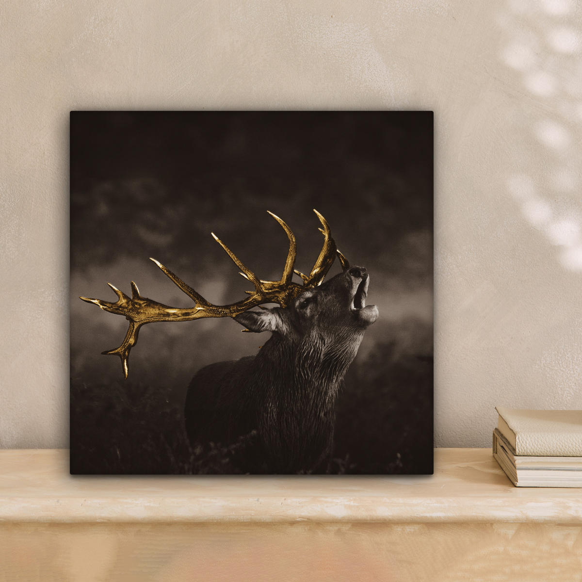 LEINWANDBILD Rotwild - Schwarz - Gold Deko Wohnzimmer 20x20 cm - Braun, Textil (20/20cm) - MuchoWow