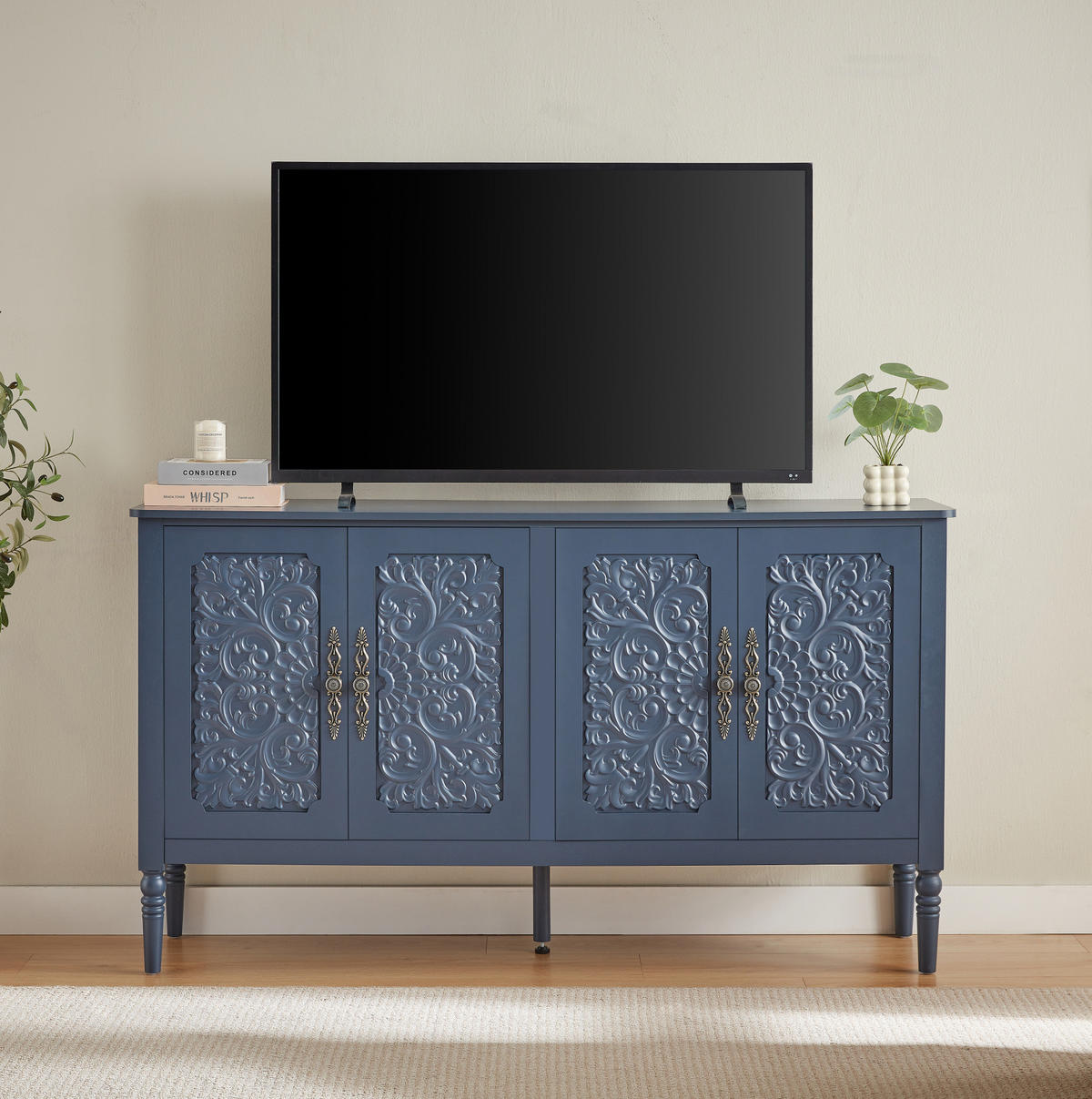 SIDEBOARD aus Spanplatte und MDF 160x40x89 cm Navyblau mit Reliefdekor und Stauraum - Dunkelblau, Holzwerkstoff (160/89/40cm) - IVMEU