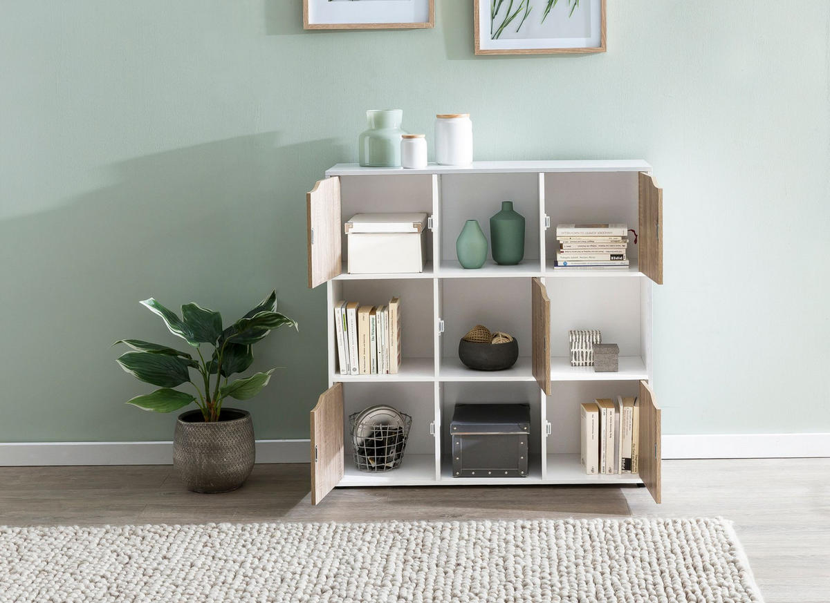 REGAL – Weiß/Sonoma, 89x91x29 cm, 9 Fächer, für Bücher und Deko - Schwarz/Weiß, Holz (89/91/29cm) - KADIMA DESIGN