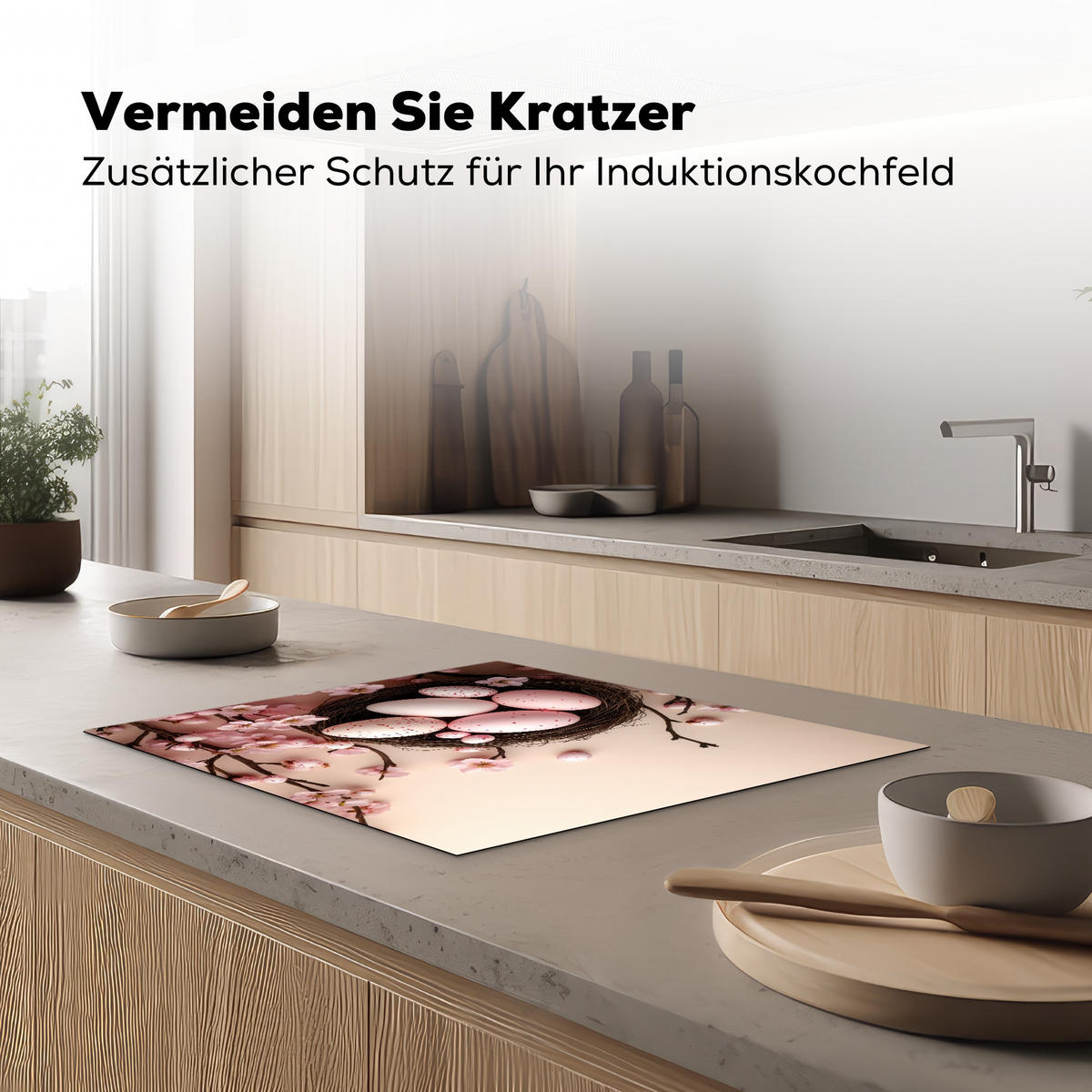 HERDABDECKPLATTE Rosa - Blüten - Eier Herdabdeckung Induktionsfeld 65x52 cm - Hellrosa, Kunststoff (65/52/0.2cm) - MuchoWow