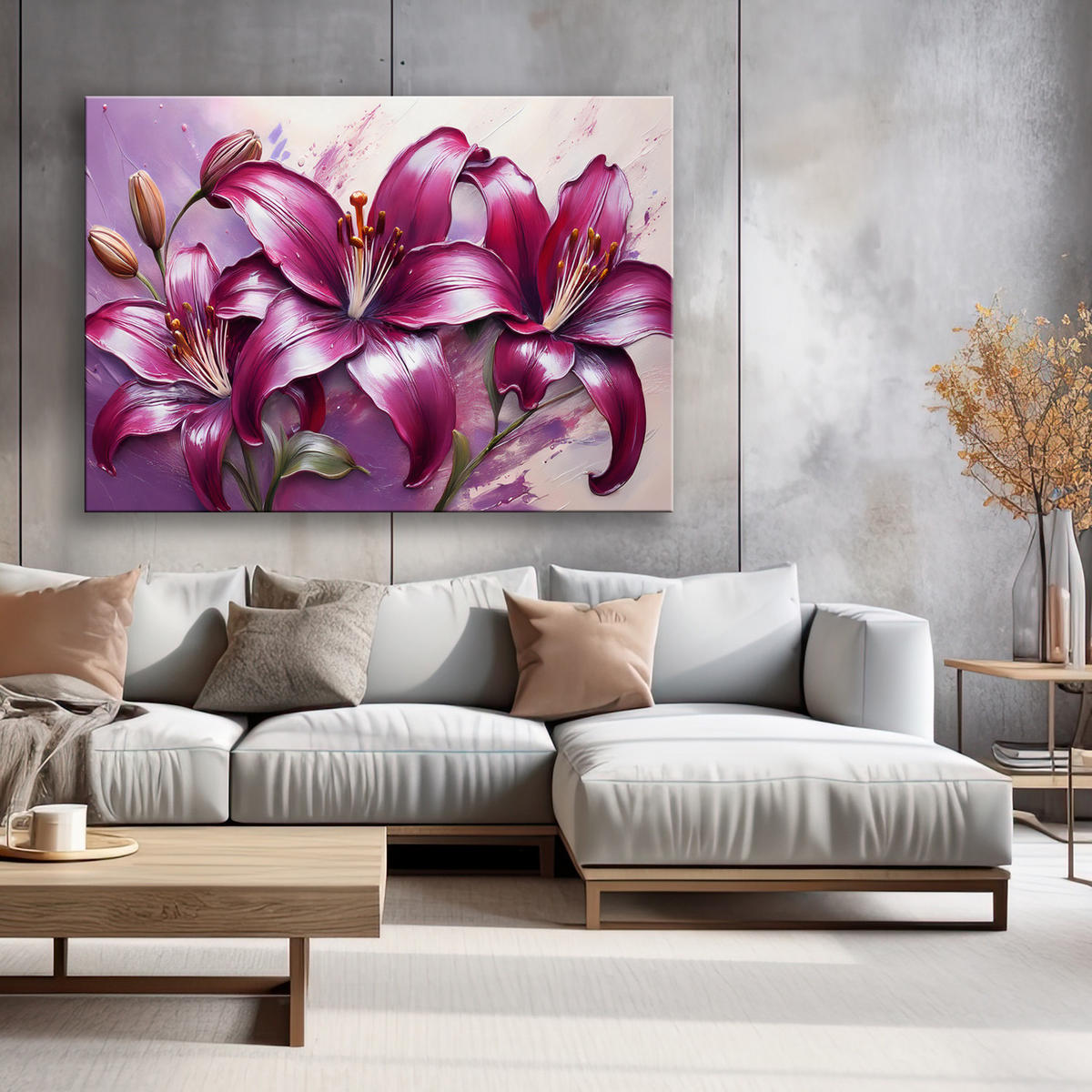 WANDBILD lilienblüten lila bemalt - Lila, Textil (60/40cm) - Feeby