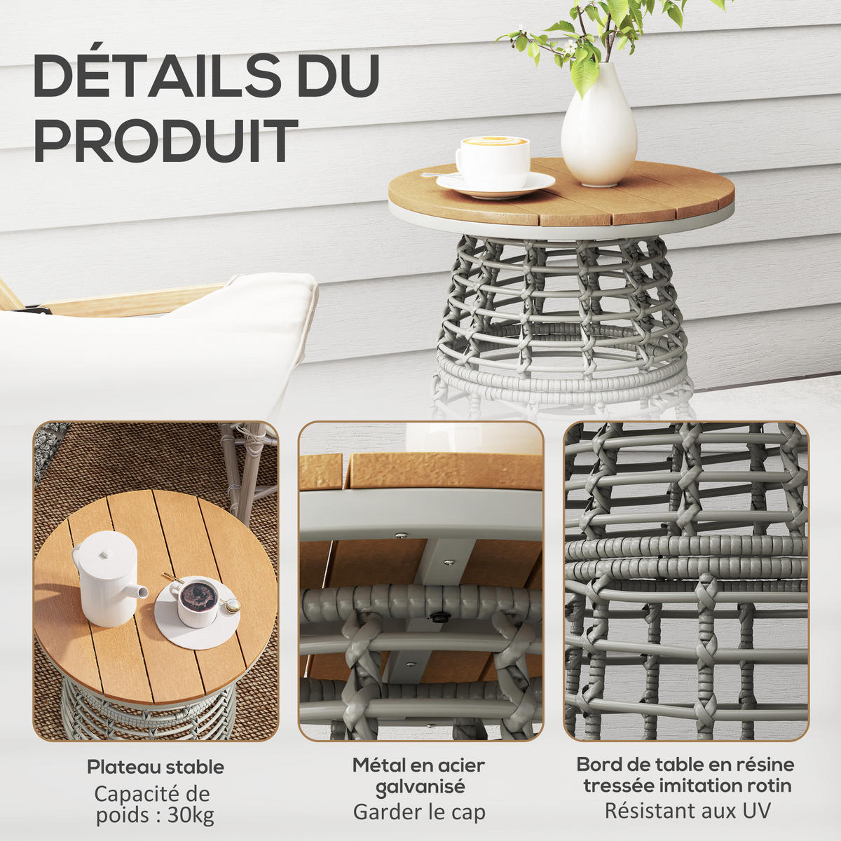 GARTENBEISTELLTISCH DE-13611 rund mit Composite-Platte, PE-Rattanoptik Grau - Grau, Kunststoff/Metall (45/45/50cm) - ComfortXL