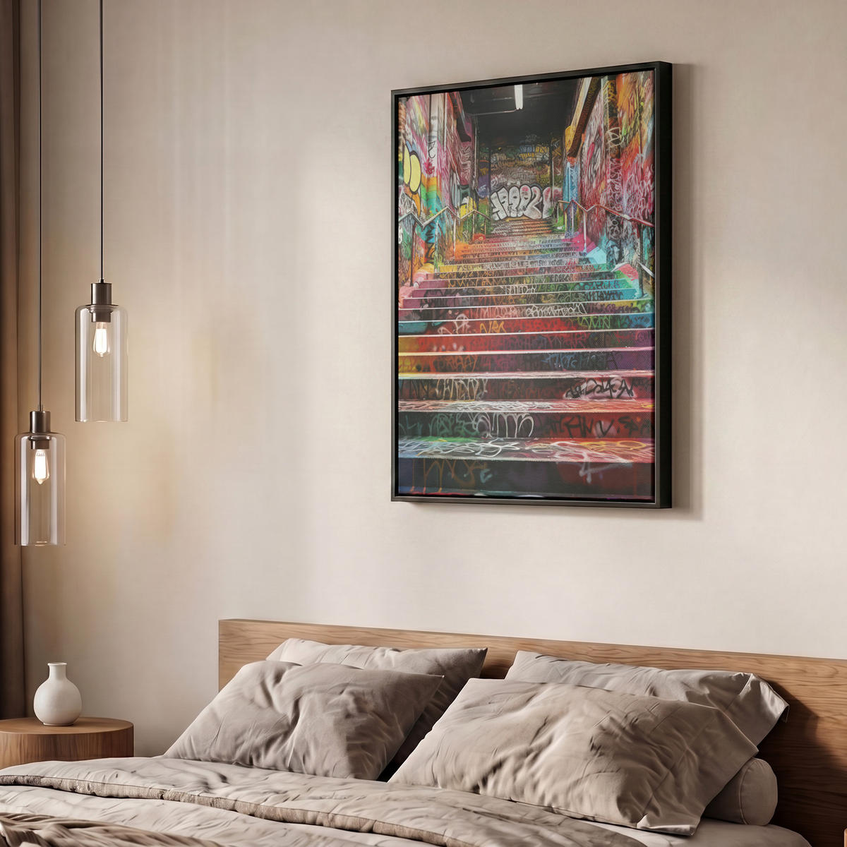 LEINWAND Bilder mit Rahmen - Treppe - Graffiti - Farben - Kunst - 60x80 - Multicolor, Textil (60/80cm) - MuchoWow