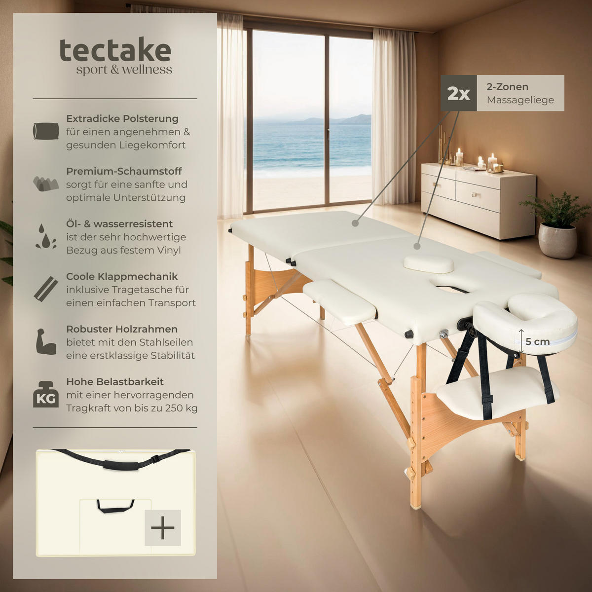 MASSAGELIEGE 2 Zonen Freddi,210 x 95 x 84 cm,beige - Beige, Holz (61/62/185cm) - tectake