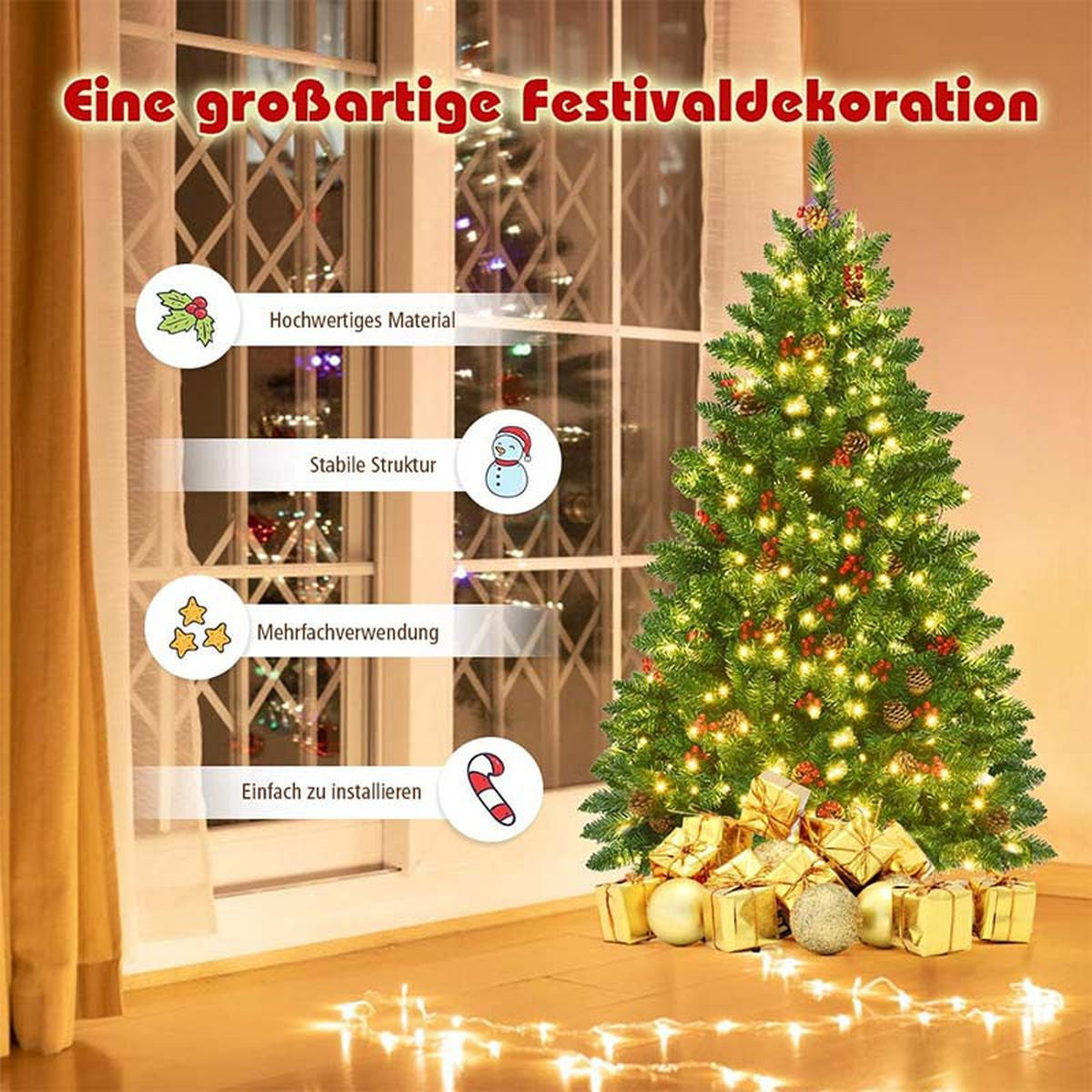 WEIHNACHTSBAUM mit warmweißen LEDs 135cm Grün - Grün, Metall (135cm) - COSTWAY