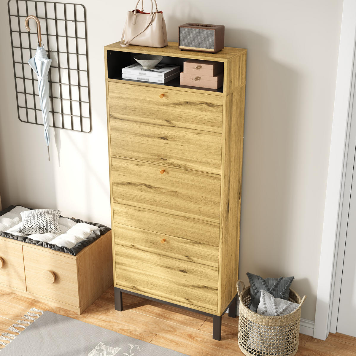 SCHUHSCHRANK hoch schmal 3 Klappen 147 cm - Naturfarben, Holz (63/147/24cm) - LEBENLANG