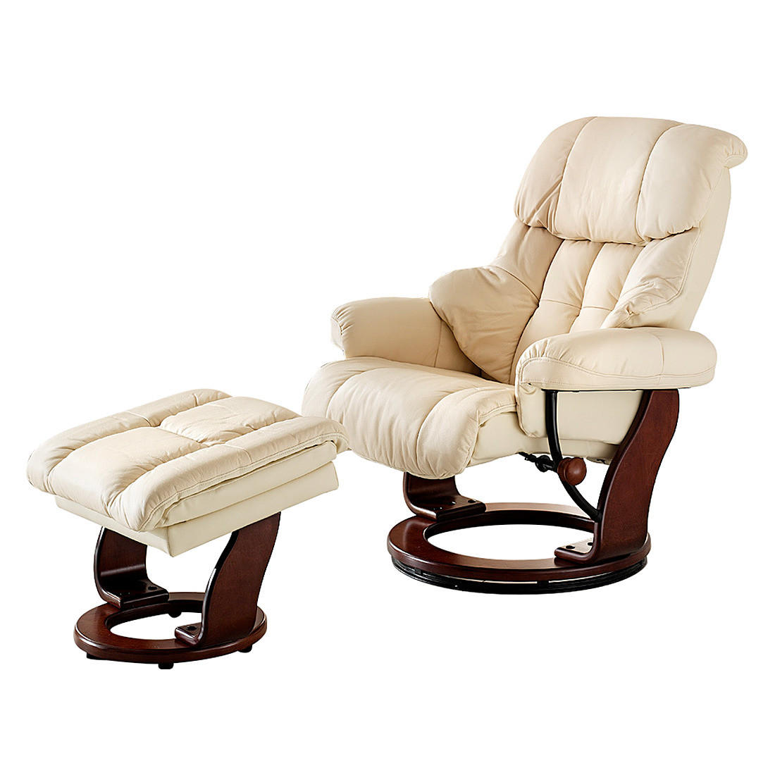 RELAXSESSEL mit Hocker - Echtleder / Kunstleder - Creme/Braun, Leder/Birkenholz (90/104/91cm) - home24