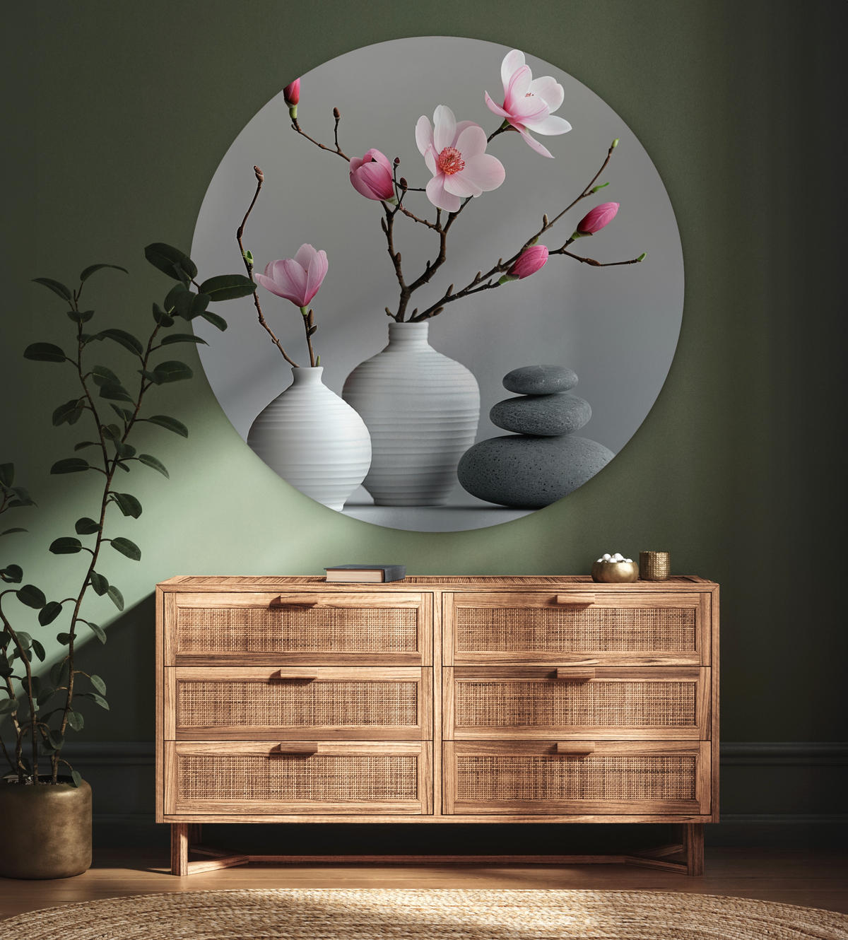WANDBILD Magnolie - Blumen - Rosa - Zen-Steine 140x140 cm - Hellgrau, Kunststoff (140/140cm) - MuchoWow