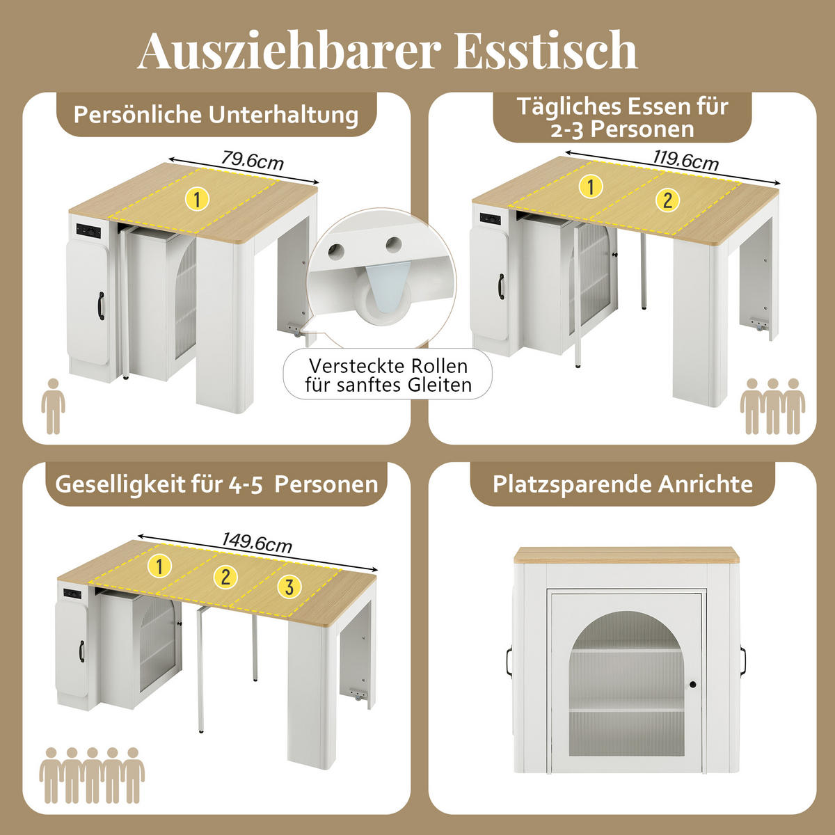 KÜCHENINSEL Mobile & Ausziehbarer Esstisch (4-in-1) mit LED, Steckdose & Stauraum - Weiß, Glas/Holzwerkstoff (83/77/39.6cm) - Urban Meuble