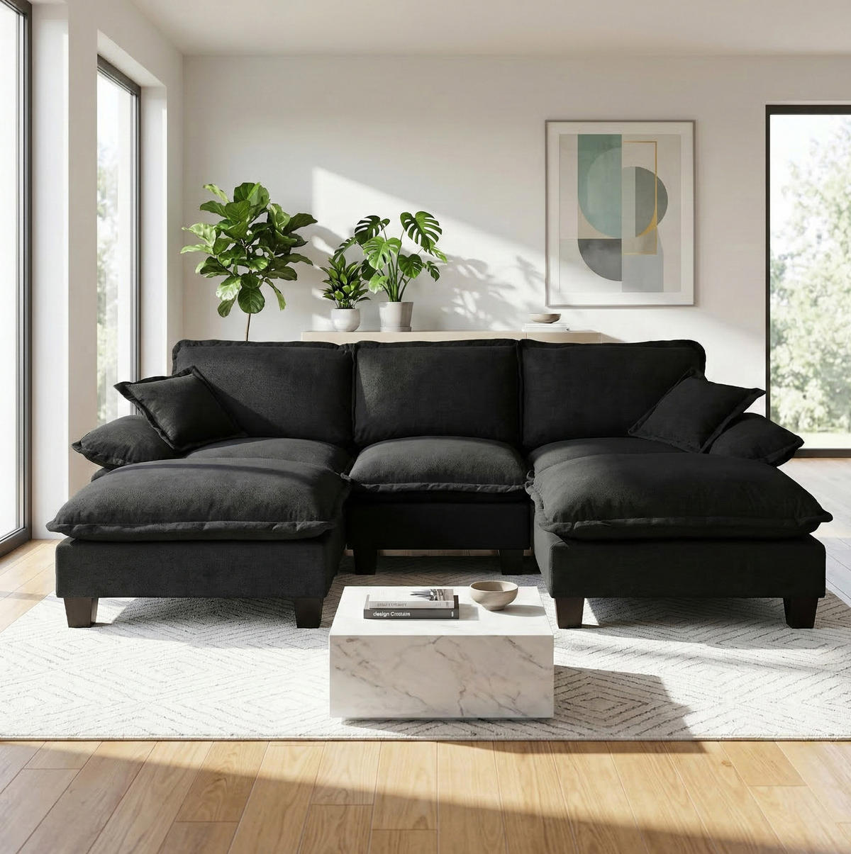 ECKSOFA 263/151/90 cm schwarz aus Chenille mit 2 Ottomanen - Schwarz, Textil (151/263cm) - OKWISH