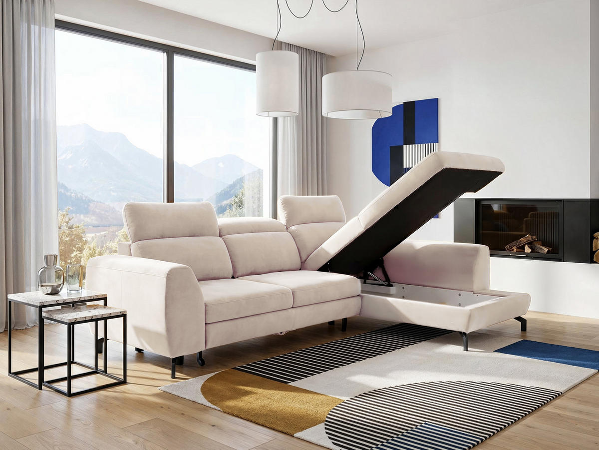 ECKSOFA ANTE Rechts, mit Schlaffunktion und Bettkasten, Beige - Beige, Textil/Metall (266/184cm) - Idohome