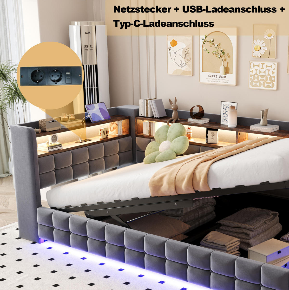 ČALOUNĚNÁ postel 90/200 cm šedá z veluru s úložným prostorem, LED a USB - šedá, textil (90/200cm) - OKWISH
