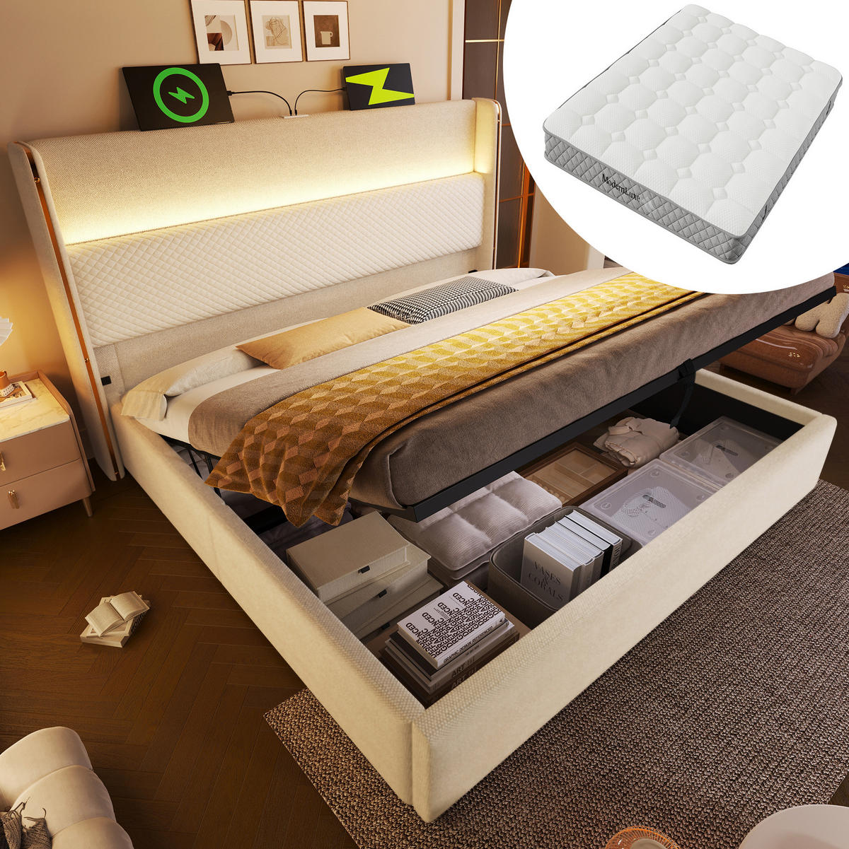 POLSTERBETT aus Leinen, Holz und Metall 160x200 cm Beige mit Bettkasten, LED, USB/Type-C und Matratze - Beige, Textil (160/200cm) - IVMEU