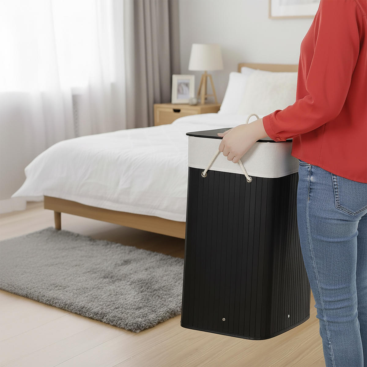 WÄSCHEKORB - Schwarz, Holz/Textil (40/60/30cm) - Relaxdays