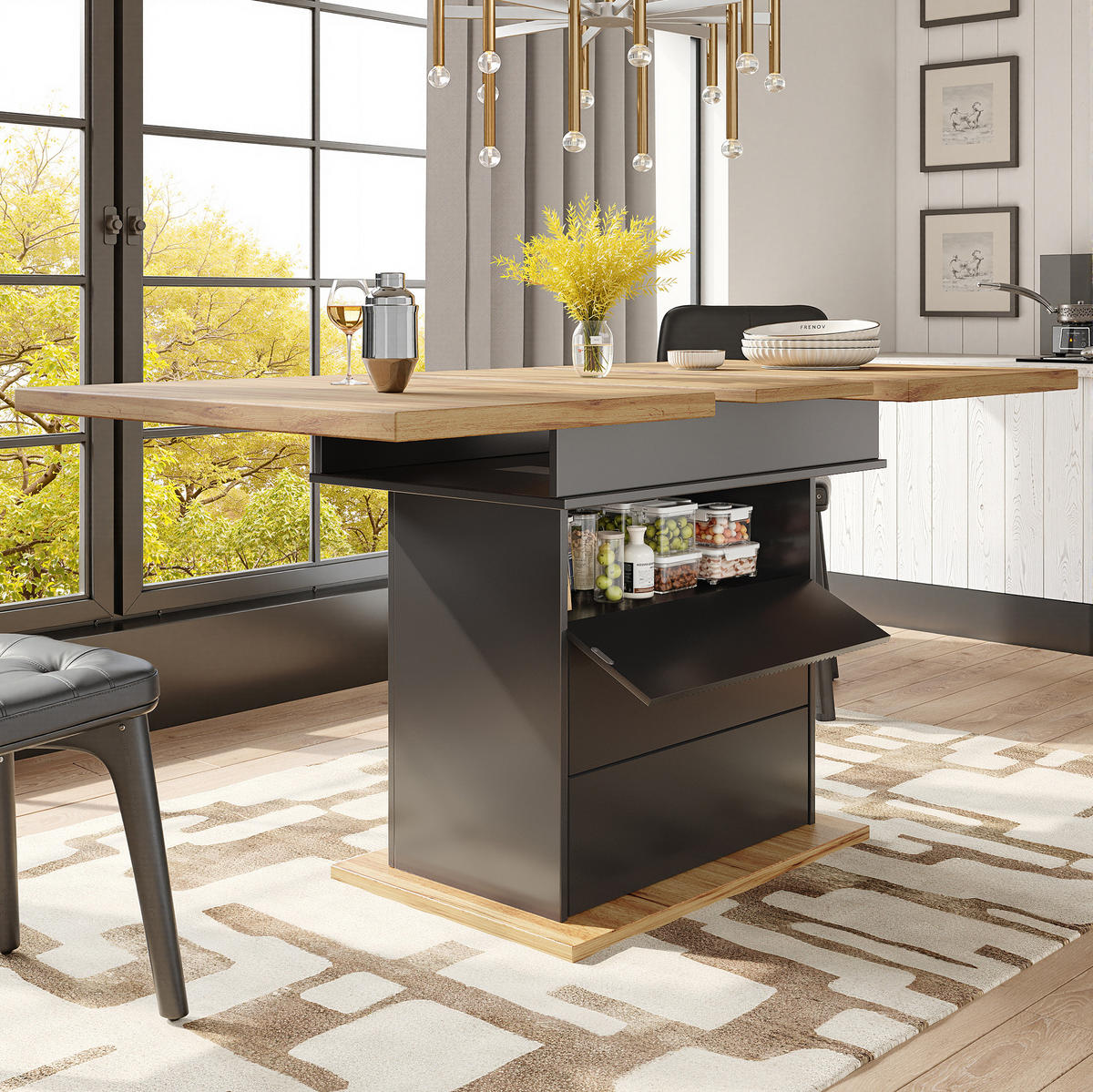 ESSTISCH aus MDF 110-140x80x75 cm Schwarz/Natur ausziehbar mit Stauraum und Soft-Close-Klappe - Schwarz, Holzwerkstoff (110/80/75cm) - Modfu