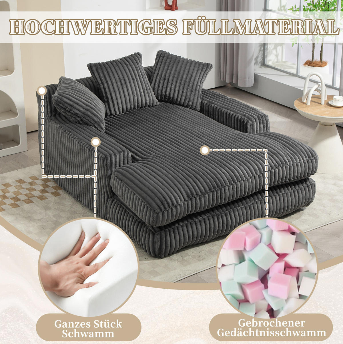 BIGSOFA Chaiselongue Cord mit 3 Kissen 125/155/63 cm Dunkelgrau - Dunkelgrau, Textil (63/125/155cm) - Redom