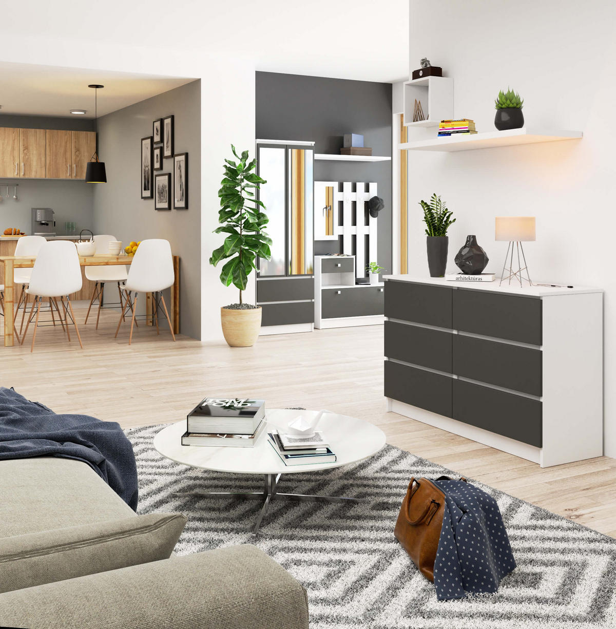 KOMMODE Weiß, Graphit Grau 77/120/40 - Weiß, Holzwerkstoff (120/77/40cm) - RAUMHIRSCH FURNITURE