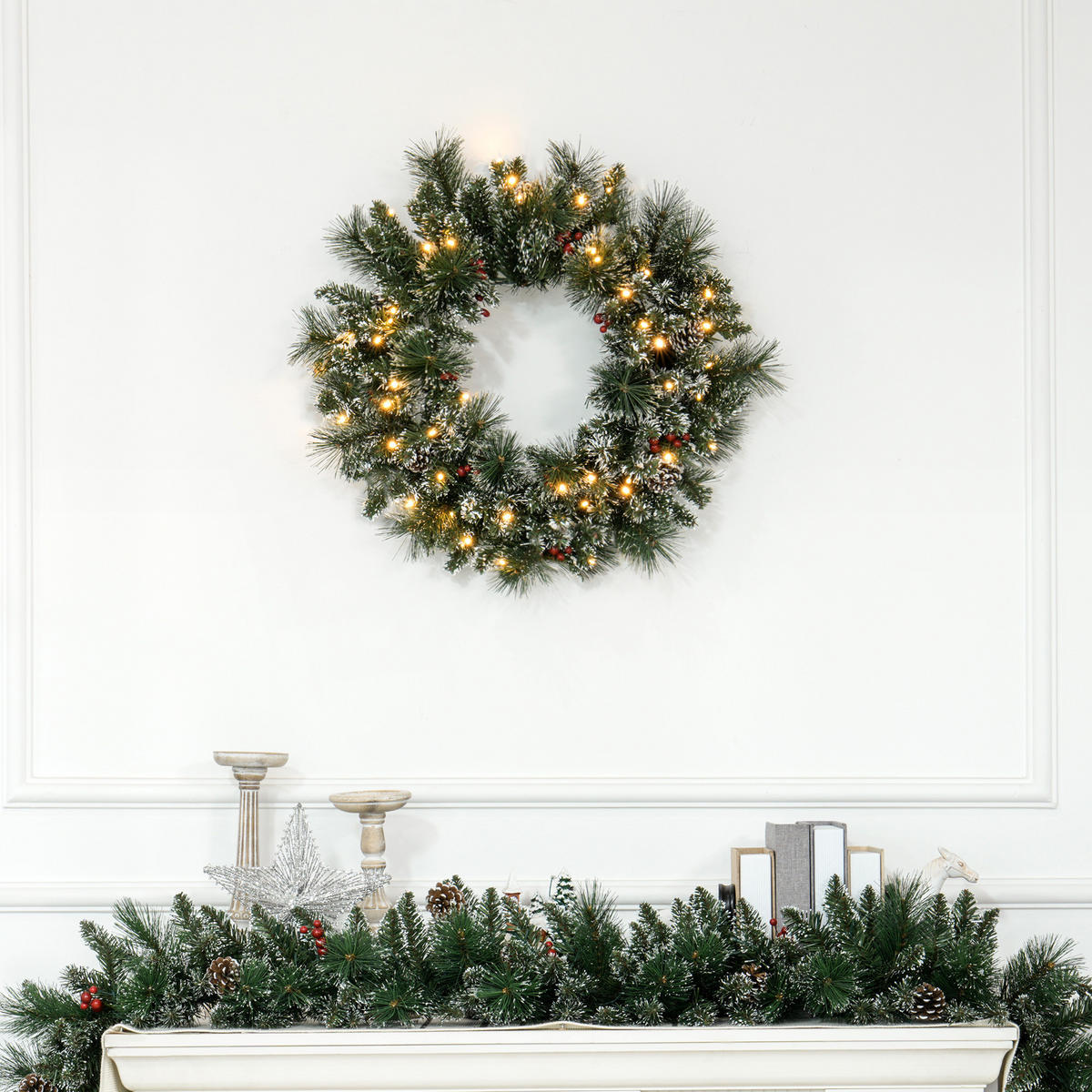 TANNENKRANZ Weihnachtskranz Türkranz Künstlicher Tannenkranz mit Lichterkette - Grün, Kunststoff/Metall (10cm) - HOMCOM