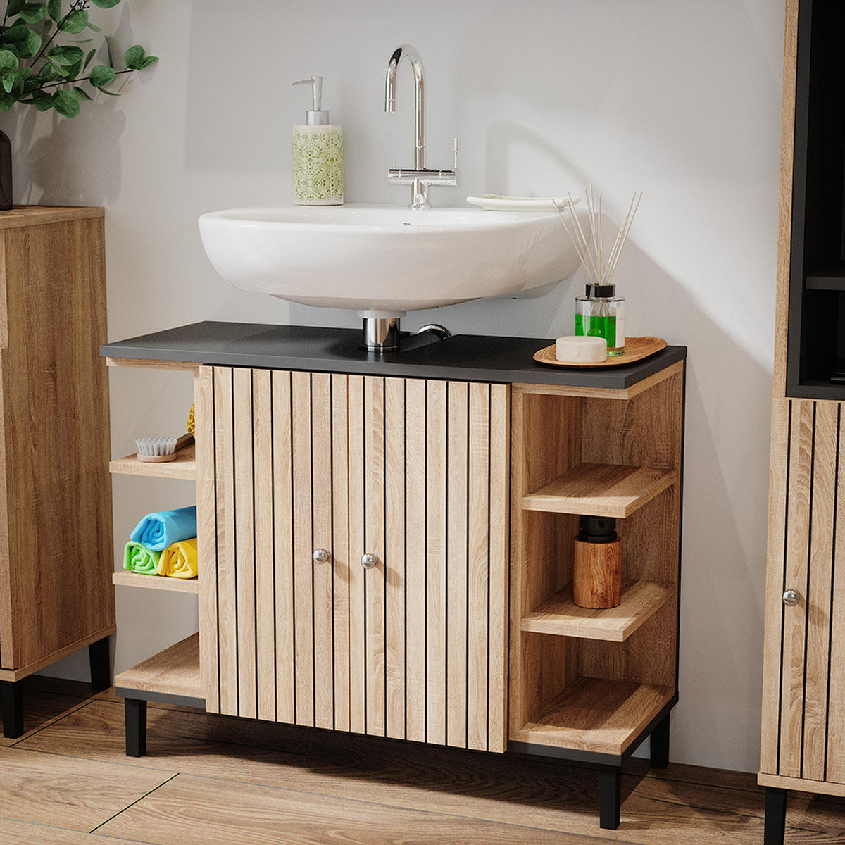 WASCHBECKENUNTERSCHRANK Aquis Sonoma 79.6 x 64 cm mit 2 Türen - Anthrazit/Sonoma Eiche, Holzwerkstoff (79.6/64/32cm) - Vicco