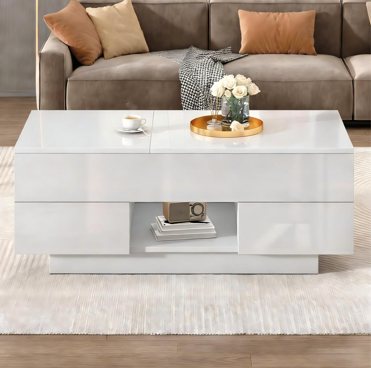 COUCHTISCH 100/45/43 cm Weiß aus Spanplatte mit LED und höhenverstellbarer Tischplatte - Weiß, Holzwerkstoff (100/45/43cm) - OKMYHOME