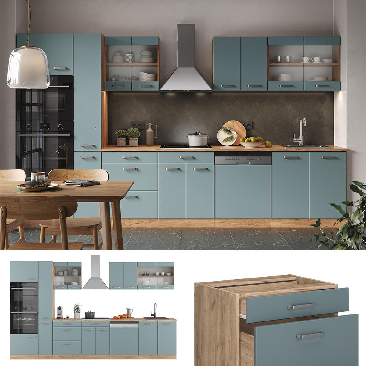 KÜCHENZEILE R-Line Blau-Grau/Goldkraft Eiche 350 cm mit Hochschrank AP Marmor - Eiche Wotan/Blaugrau, Holzwerkstoff (350/81.6/60cm) - Vicco
