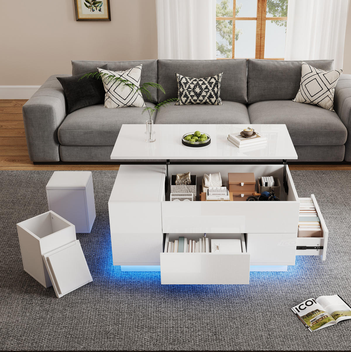 COUCHTISCH höhenverstellbar 100 x 50 x 45 cm Weiß mit LED und 2 Hockern - Weiß, Holzwerkstoff (100/50/59cm) - Meubliv
