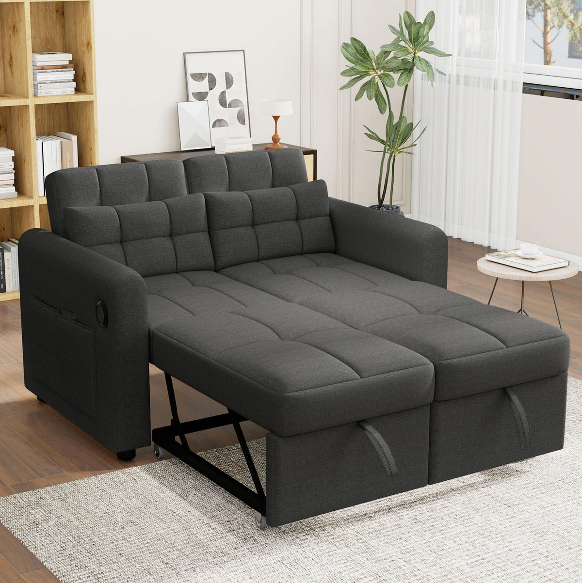 SCHLAFSOFA 142/85/83 cm in Grau – 3-in-1 ausziehbar mit USB und verstellbarer Rückenlehne - Grau, Textil (85/83/142cm) - BEAOK