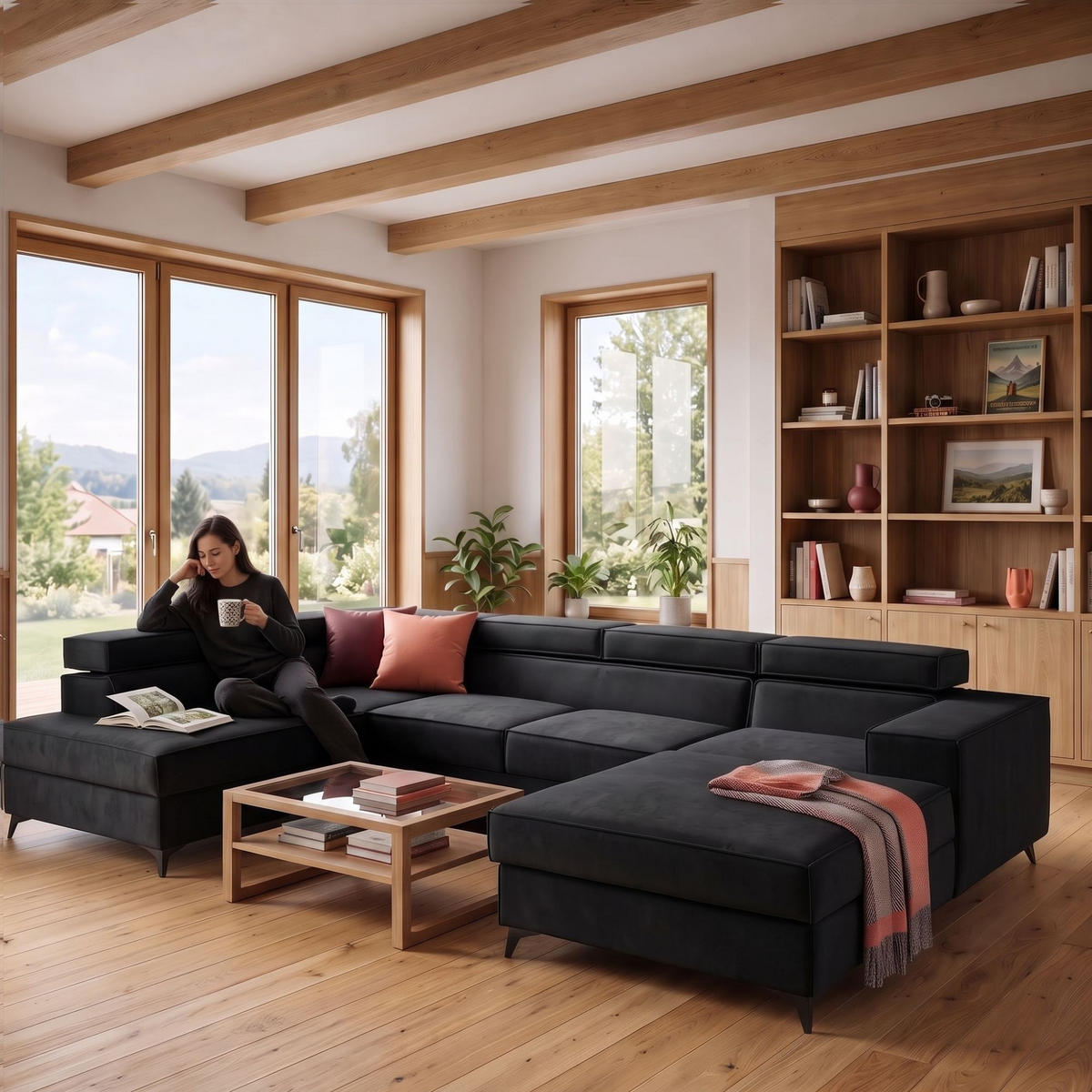 ECKSOFA PURE U Links mit Schlaffunktion 127x270 Velours Graphit - Graphitfarben/Schwarz, Holz/Textil (340/204cm) - Muffo
