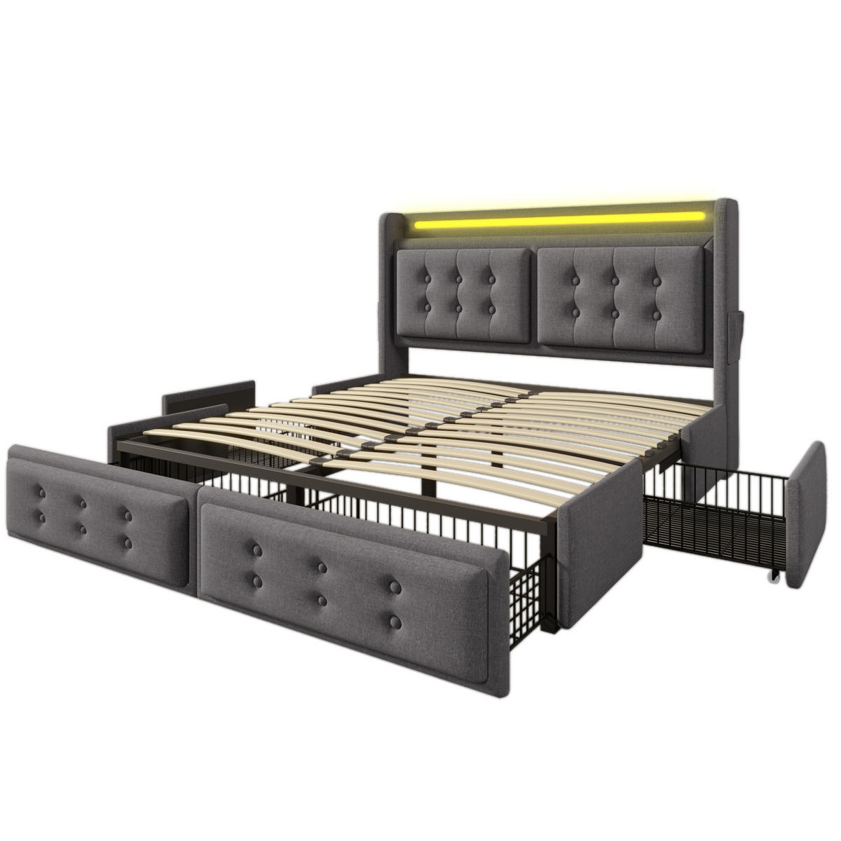 POLSTERBETT aus Baumwoll-Leinen 160x200 cm in Grau mit LED, USB-C & Matratze - Grau, Textil (160/200cm) - Modfu