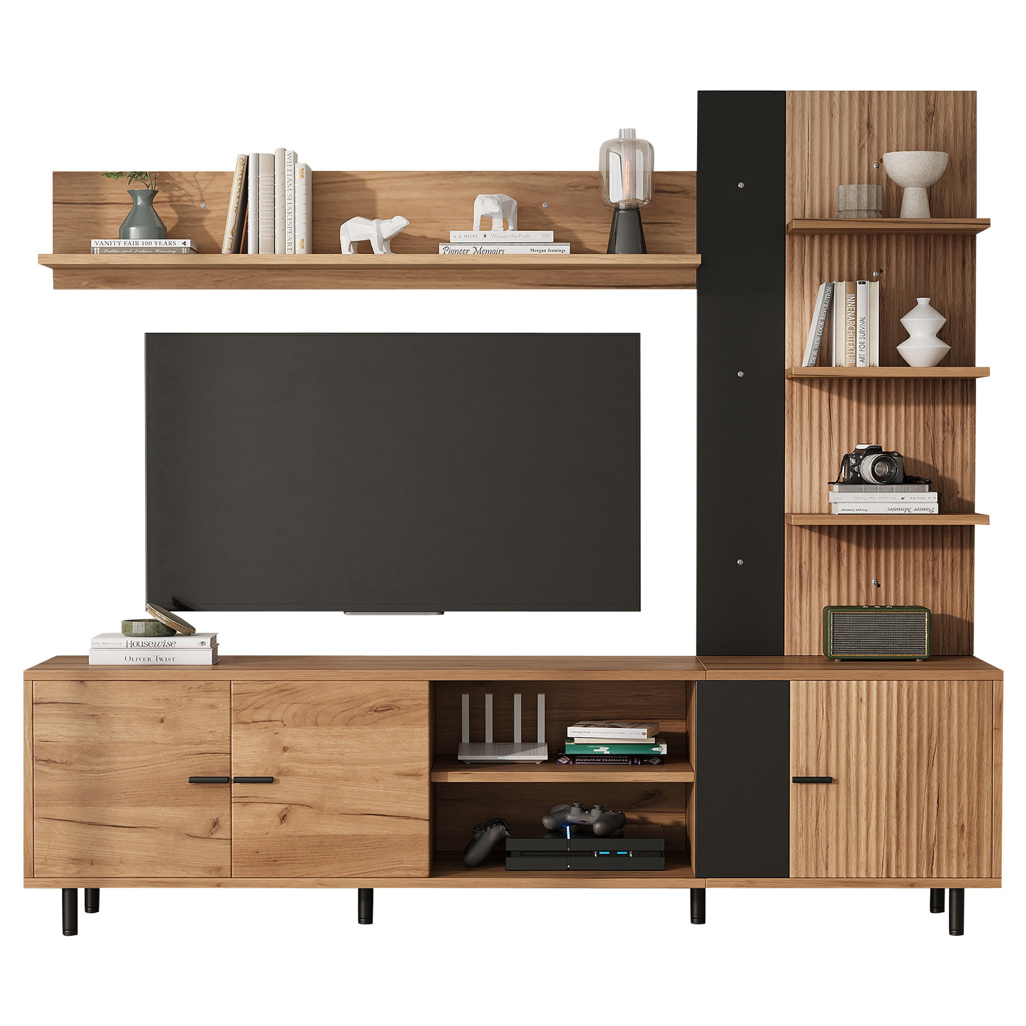 WOHNWAND 188cm Holz Schwarz TV-Board Vitrine Regal - Multicolor, Holzwerkstoff (187.5/167/40cm) - FLIEKS
