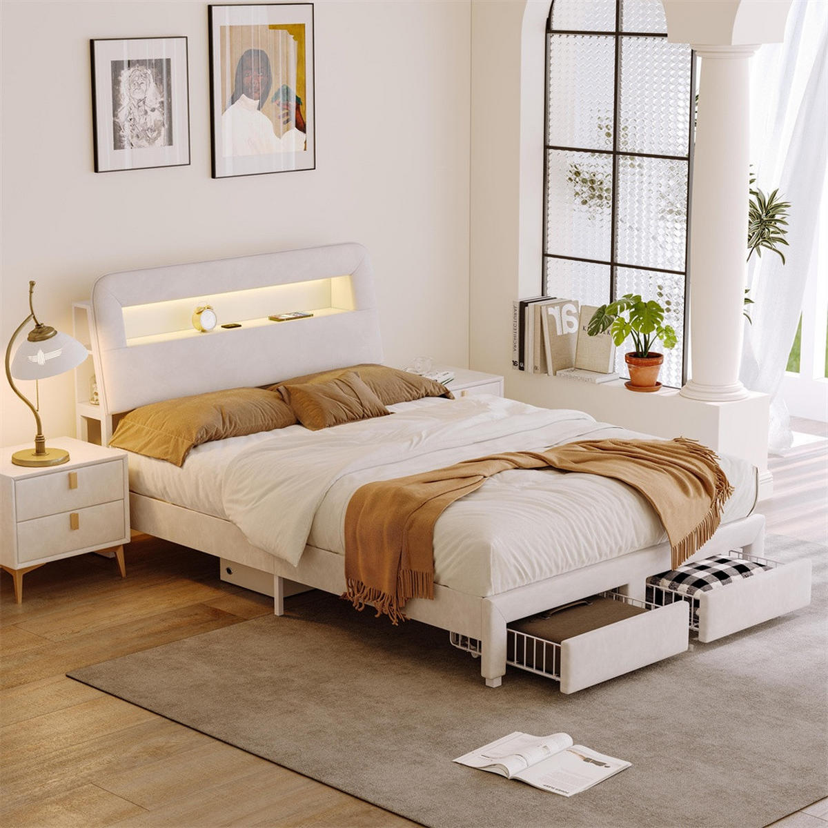 POLSTERBETT 140 x 200 cm - offene Seitenregale mit LED-Beleuchtung und Schubladen - ohne Matratze - Cremeweiß - Creme, Textil (140/200cm) - DELFA