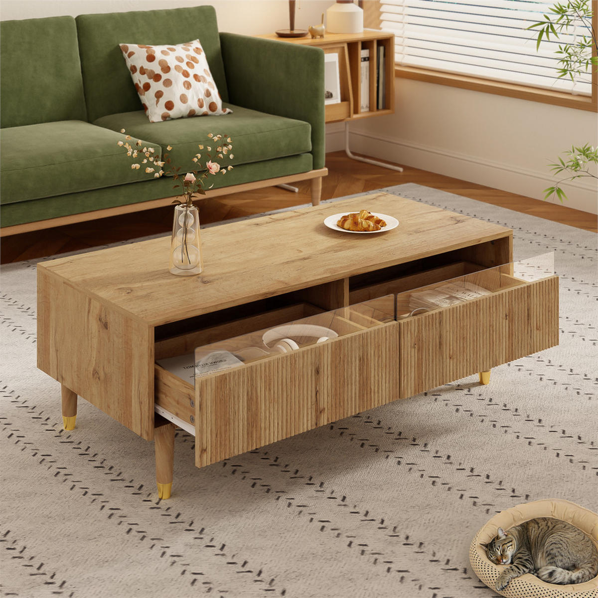 COUCHTISCH LED Farbwechsel Wellenplatte Gold-Holzbeine 2 Schubladen Modern - Braun, Holz (119/57.78/12.7cm) - FLIEKS