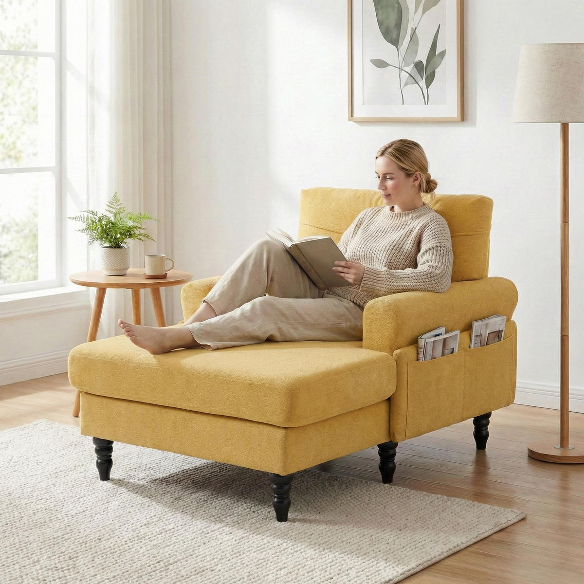 RELAXSESSEL Liege,hochdichte Polsterung,Seitentaschen,Chenille,Gelb - Gelb, Textil (97/86/125.5cm) - LVHOM