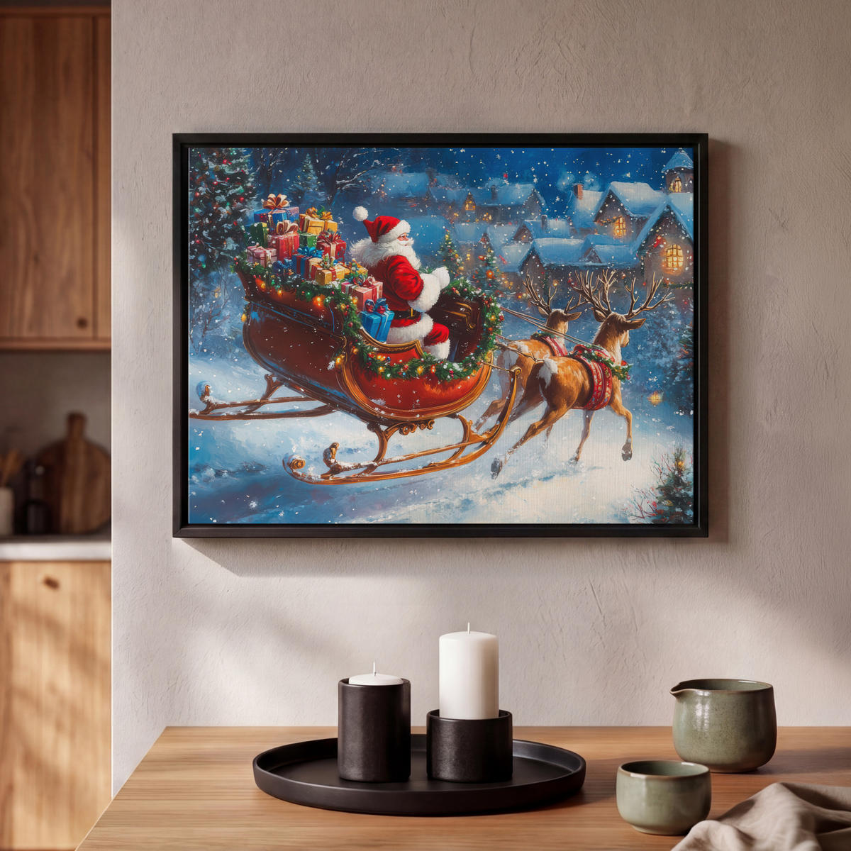 LEINWAND Bilder mit Rahmen - Weihnachtsmann - Rentier - Weihnachten - Schnee - 40x30 - Cognac, Textil (40/30cm) - MuchoWow
